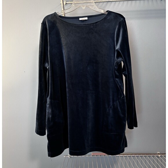 Pure Jill Womens Top Large Blue Velvet Long Sleeve Pockets Mature Edgy Artsy - Picture 1 of 7